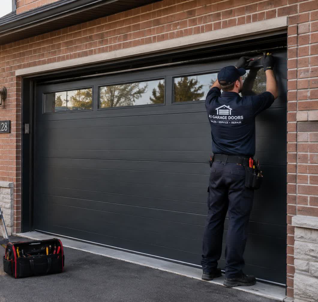 Technician repairing a garage door on a Toronto home